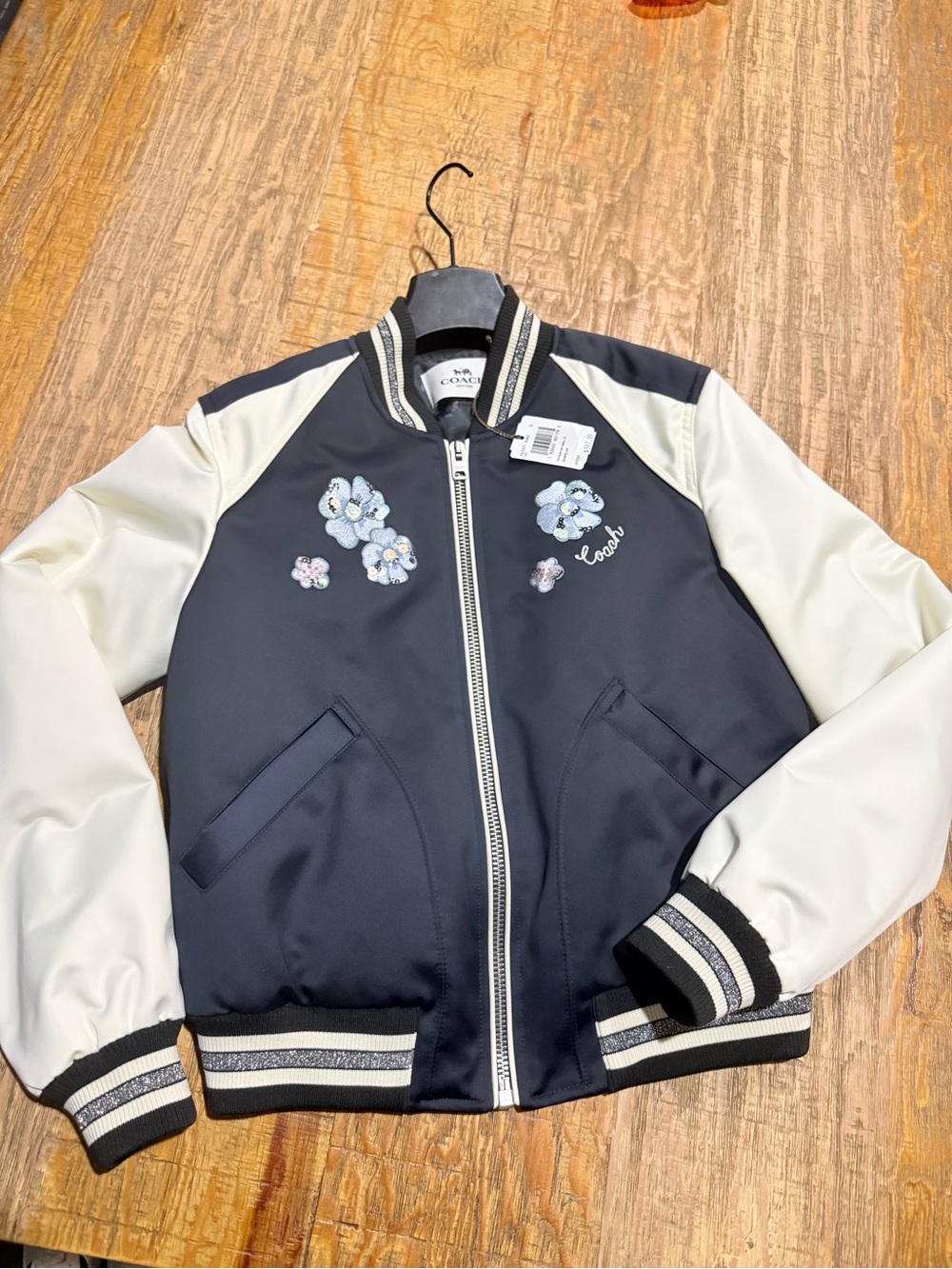 Coach Women's Navy and Cream Floral Vintage Bomber Jacket